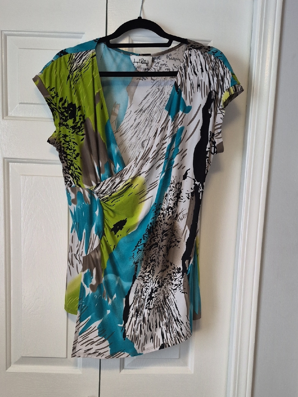 Joseph Ribkoff Teal, Lime, White & Black Abstract Wrap-Front Top